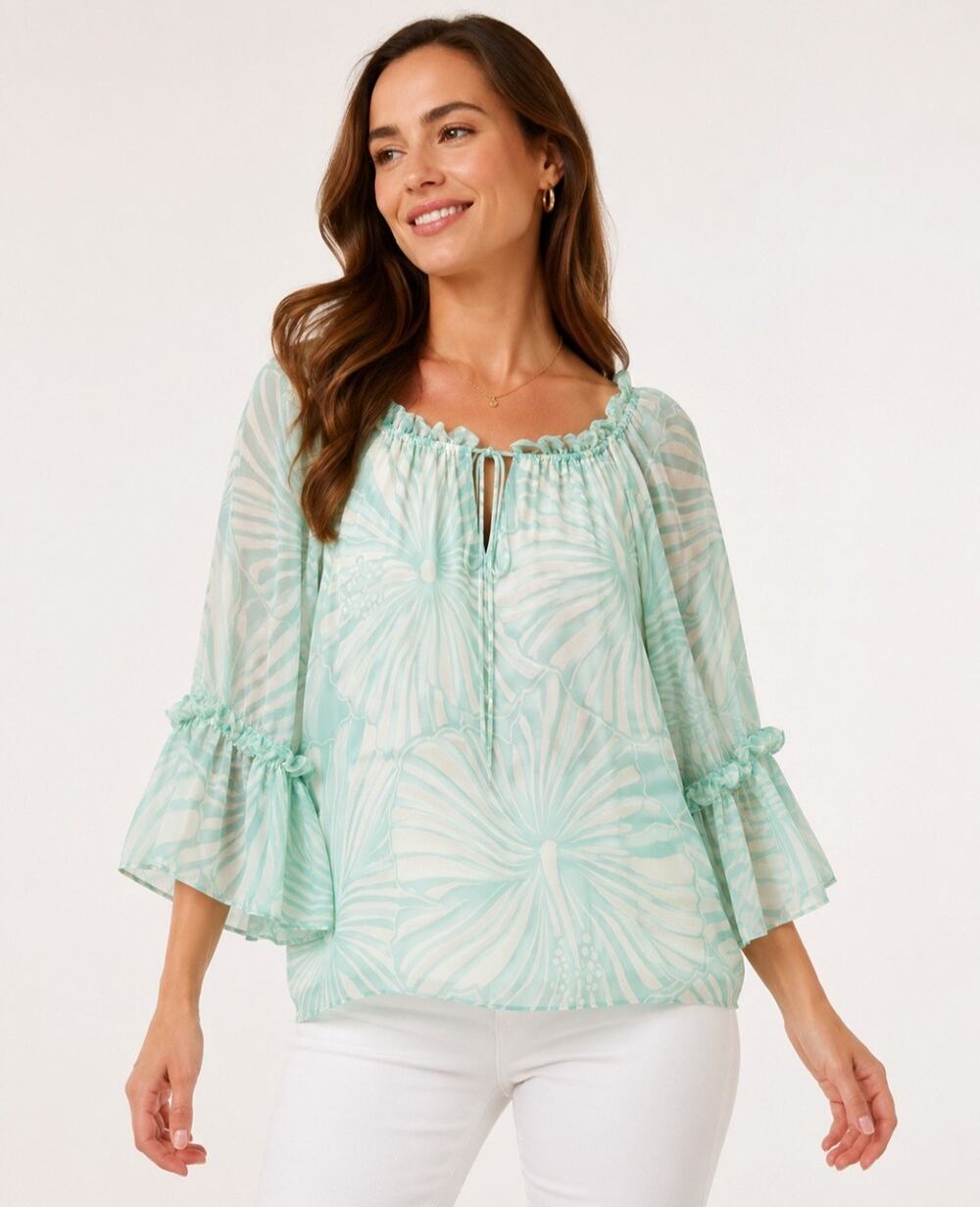Milly Silk Blouse 6 Aqua Ivory Floral Ruffle Bell Sleeve Boho Feminine Romantic